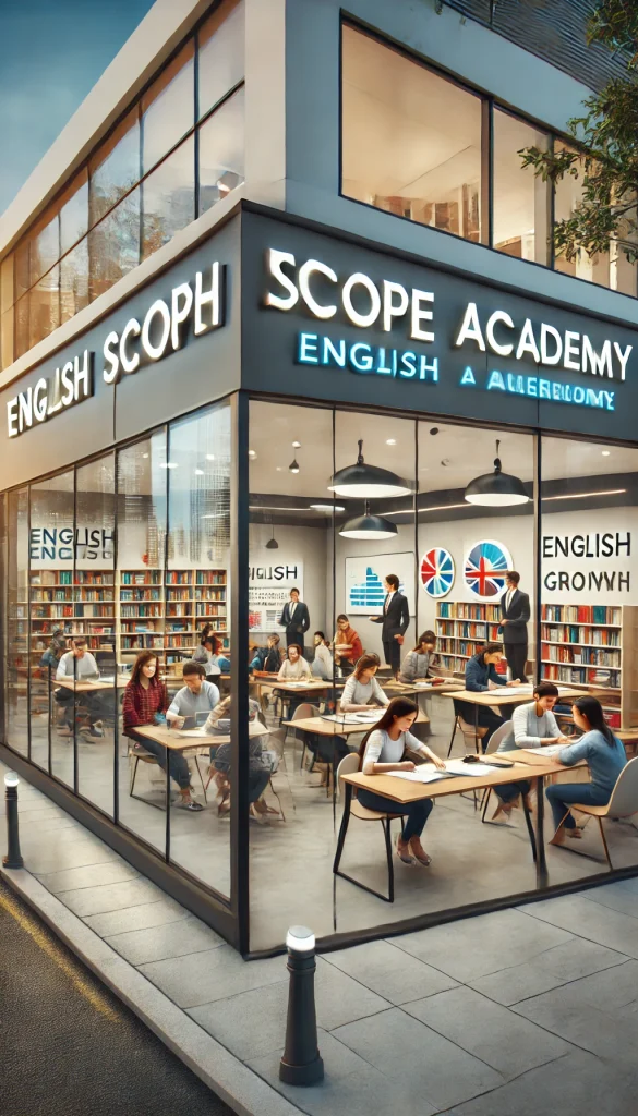 DALL·E 2024-10-17 15.49.07 - A vibrant, modern language learning academy. The exterior has large windows with 'English Scope Academy' signage. Inside, students of diverse backgrou
